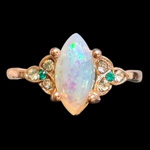 Elegant Rose Gold Ring With Opalescent Marquis Stone & Green Crystal Accents NWT
